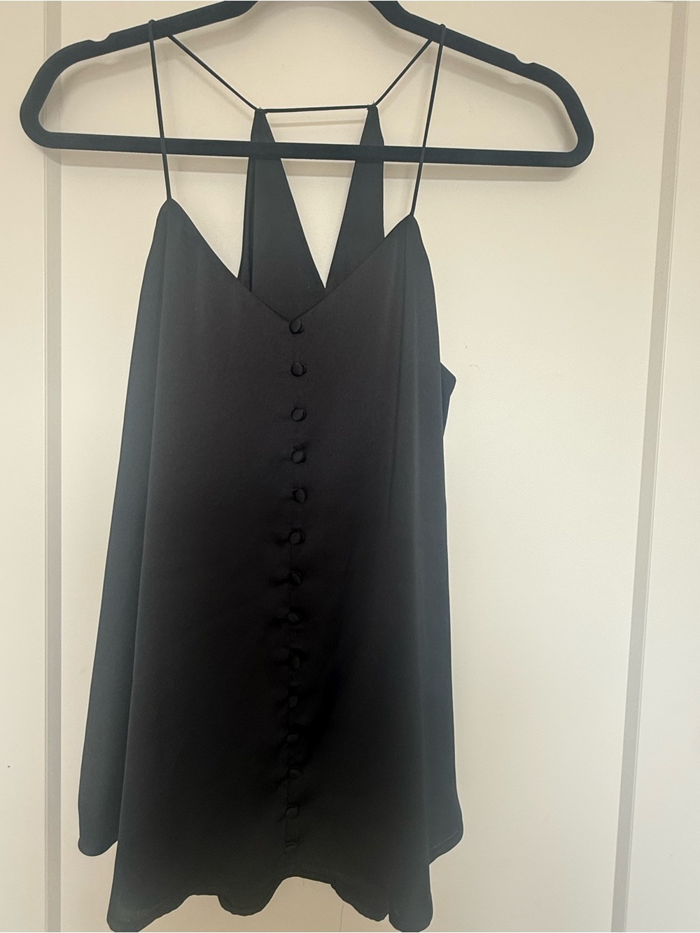 Black Satin Button-Front Top with Strappy Back